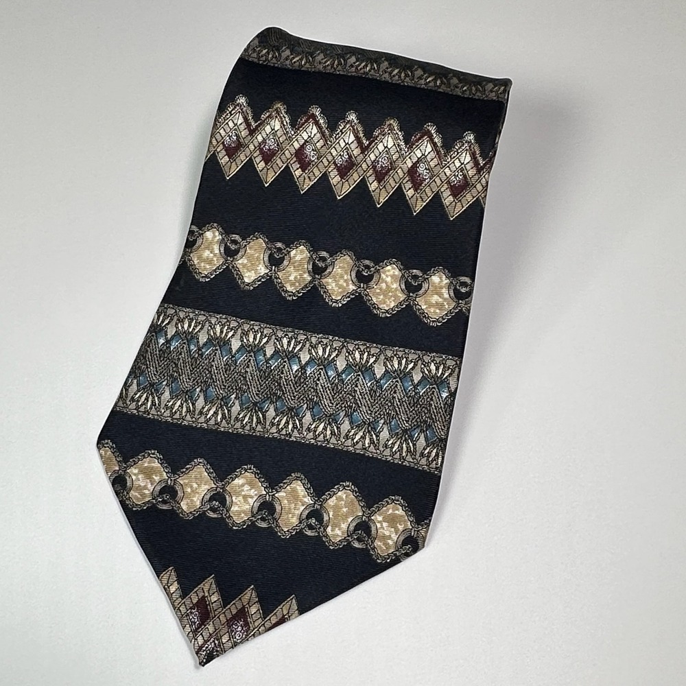 ZYLOS‎ george machado Mens Black Silk Geometric Pattern Necktie Made in Italy